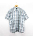 シャツ 半袖 チェック 麻混 ロゴ 胸ポケット L グレー×ライトブルー ※EKM