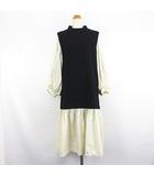 ランバンオンブルー LANVIN en Bleu ワンピース チュニック 長袖 ボリュームスリーブ ボトルネック ロング丈 マキシ丈 切替 異素材 36 ブラック×アイボリー ※EKM