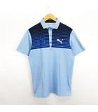 プーマ PUMA GOLF ポロシャツ 半袖 部分ボーダー ロゴ L ライトブルー×ネイビー ※EKM