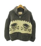 ヴィンテージ VINTAGE フロンエンタープライズ FRON ENTERPRISES LTD カナダ製 ニット カウチン カーディガン ジップアップ アルミ ドクロ 骸骨 ウール グレー 白 ホワイト 0429