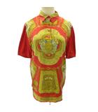 エルメス HERMES ポロシャツ ニット 切替 シルク スカーフ柄 総柄 半袖 M 赤 レッド 0806 ☆AA★