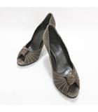グッチ GUCCI パンプス オープントゥ スエード ブラウン ゴールド 35C ☆AA★