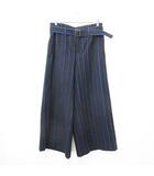 イッセイミヤケ ISSEY MIYAKE パンツ ワイドパンツ ロング ストライプ ベルト 総裏 脇ゴム 黒 青 ブラック ブルー 2
