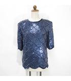  Frank Usher ブラウス パーティ フォーマル クルーネック 半袖 スパンコール ビーズ シルク 紺 ネイビー S