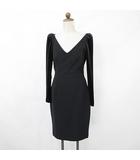 ザラ ベーシック ZARA BASIC ワンピース フォーマル パーティ 2次会 ひざ丈 長袖 Vネック タイト 別布 切替 紺 黒 ネイビー ブラック M