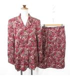 レリアン Leilian セットアップ レトロ スカートスーツ テーラージャケット タイトスカート ロング 総柄 ペーズリー柄 脇ゴム 総裏 絹 赤 茶 レッド ブラウン 13⁺