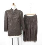 レリアン Leilian セットアップ レトロ スカートスーツ ブラウス ボトルネック スカート ロング プリーツ 別布 茶 ブラウン 13⁺