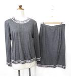 レオナール LEONARD セットアップ プルオーバー 長袖 丸首 フレアスカート ロング 別布 プリント切替 毛 グレー  LL