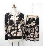 レオナール LEONARD セットアップ プルオーバー 長袖 丸首 リブ フレアスカート ロング 総柄 花柄 黒 ピンク ブラック L