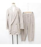 アンフィル unfil セットアップ ジャケット ダブル ピークドラペル ワイドパンツ ロング チェック 裏なし ベージュ オレンジ 0