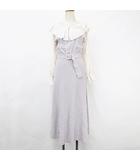 ワンピース 長袖 丸首 フリル衿 ロング フレア ベルト 紫 白 パープル ホワイト M