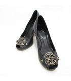 パンプス オープントゥ ウェッジソール レザー ブラック 黒 ゴールド 8M ☆AA★