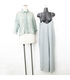 ジーナシス JEANASIS サロペット ブラウス 2枚セット ロング丈 ワイド 七分袖 レギュラーカラー シースルー 緑 グリーン M F