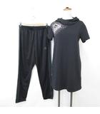 アディダス adidas スポーツウエア ワンピース パンツ 2枚セット ひざ丈 半袖 フード プリント ジョガー ロング ジャージ テープ 黒 ブラック L