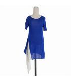 アシンメトリー ニットワンピース ドレス 半袖 2 ブルー/ホワイト 青/白 FW-K04-271