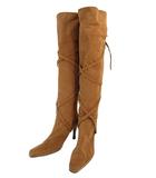  ノーブランド ロングブーツ ハイヒール ポインテッドトゥ 紐 無地 ブラウン サイズM QQQ