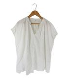 プルオーバー シャツ ブラウス 半袖 ギャザー 無地 ホワイト サイズL QQQ