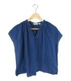 プルオーバー シャツ ブラウス 半袖 ギャザー 無地 ネイビー サイズL QQQ