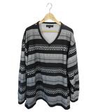 プルオーバー Tシャツ Vネック 長袖 ロンT ボーダー ネイティブ柄 総柄 ブラック ホワイト サイズ4L QQQ