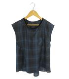 コムサイズム COMME CA ISM プルオーバー シャツ ブラウス フレンチスリーブ 透け感 チェック ネイビー サイズS QQQ