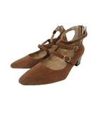 パンプス ハイヒール ポインテッドトゥ チャンキーヒール スエード地 ジッパー 無地 ブラウン サイズ M QQQ