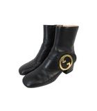 グッチ GUCCI 700016 アンクル ブーツ ショート チャンキー ヒール サイドジップ レザー ロゴ ワンポイント ブラック 36 1/2 QQQ ☆AA★