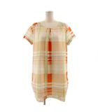 グローブ grove ワンピース 半袖 ひざ丈 編み込み リボン チェック オレンジ系 ベージュ ブルー 青 グリーン 緑 M