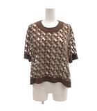 ヒロココシノ HIROKO KOSHINO プレタポルテ prêt-à-porter ニット カットソー シアー 茶 ブラウン 幾何学模様 ラウンドネック 半袖 /ML ■ECF006