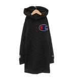 チャンピオン CHAMPION 美品 スウェット パーカー フーディ ロング 150 ロゴ ワッペン メランジ 黒 ブラック 白 ホワイト /KB ■ECF007