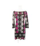 ダイアンフォンファステンバーグ DIANE von FURSTENBERG チュニック ミニワンピース ボートネック 七分袖 シルク 絹 ストレッチ 総柄 0 S 黒 ブラック /AH23 ■GY19
