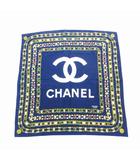 シャネル CHANEL 美品 大判 スカーフ ココマーク ジュエリー グリポア 総柄 絹 シルク 紺 ネイビー /HO ■GY19
