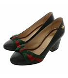 グッチ GUCCI パンプス レザー ラウンドトゥ チャンキーヒール シェリーライン リボン 星 スター スタッズ 35 22cm 黒 ブラック /XZ ■GY19