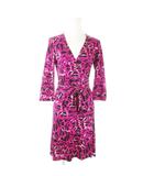 ダイアンフォンファステンバーグ DIANE von FURSTENBERG カシュクールワンピース ひざ丈 七分袖 絹 シルク 総柄 リボン 2 M ピンク /AO14 ■GY19