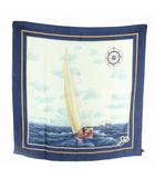 ラルフローレン RALPH LAUREN ヴィンテージ スカーフ 絹 シルク 大判 ヨット 総柄 ロゴ 紺 ネイビー /XZ ■GY19
