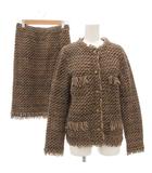 ドゥーズィエムクラス DEUXIEME CLASSE セットアップ ノーカラーニットジャケット タイトスカート ツイード ひざ丈 フリンジ 金ボタン シルク混 茶 ブラウン /GV ■GY19