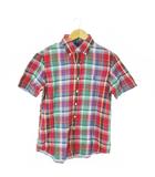 ボタンダウンシャツ 半袖 コットン ガーゼ生地 チェック 総柄 ポニーロゴ刺繍 S 赤 レッド /AO14 ■GY44