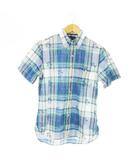 Indian Madras ボタンダウンシャツ 半袖 コットン チェック ヤシの木 総柄 ポニーロゴ刺繍 S 青 ブルー /AO19 ■GY44