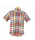 ボタンダウンシャツ 半袖 コットン チェック 総柄 ポニーロゴ刺繍 S 紺 ネイビー /AO18 ■GY44