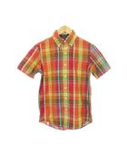 ボタンダウンシャツ 半袖 ロゴ刺繍 インド綿 コットン チェック 総柄 XS オレンジ 赤 レッド /AH3 ■GY44