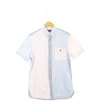 半袖シャツ ボタンダウン サッカー生地 ストライプ チェック クレイジーパターン S 青 ブルー ピンク /AH7 ■GY44