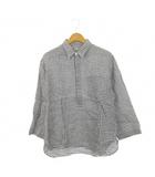 マーガレットハウエル MARGARET HOWELL リネンシャツ 麻 ハーフボタン 七分袖 ゆったり プルオーバー チェック 総柄 L 紺 ネイビー /AH20 ■GY03