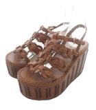 プラダ PRADA サンダル レザー オープントゥ 厚底 ウェッジソール 編み込み ストラップ 37 24cm 茶色 ブラウン /XZ ■GY19