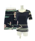 レオナール LEONARD セットアップ 上下 カットソー スカート フラワー 花柄 ストライプ 半袖 ひざ丈 トップス ネイビー 紺 S /PP ■GY44