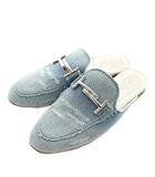 トッズ TOD'S ダブルT デニム レザー ミュール スリッポン フラット 35 22.5cm シルバー金具 青 ブルー /XZ ■GY19