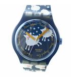 スウォッチ SWATCH 腕時計 ウォッチ クォーツ ラウンド ひつじ柄 総柄 青文字盤 ロゴ 紺 ネイビー S208 ■GY18 /MQ