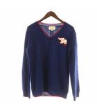 グッチ GUCCI ニット セーター Vネック 長袖 ロゴ ワッペン 象 S 紺 ネイビー ■GY17 /MQ