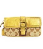 コーチ COACH ポーチ マルチケース キャンバス メタリックレザー シグネチャー ベルトデザイン ハンドストラップ ゴールドカラー ベージュ /AH12 ■GY18