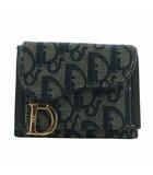 クリスチャンディオール Christian Dior 財布 三つ折り ジャガード レザー トロッター 総柄 ロゴ ゴールド金具 黒 ブラック 青 ブルー /XZ ■OH ■GY11