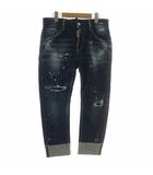デニムパンツ ジーンズ ロールアップ ペイント加工 ダメージ加工 スタッズ ボタンフライ 64DSQ2 革パッチ 44 インディゴ 紺 ネイビー /XZ ■GY18