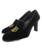ベロア パンプス オペラシューズ ヒール ラウンドトゥ エンブレム ロゴ 刺繍 7.5 24.5 黒 ブラック /GV ■GY18
